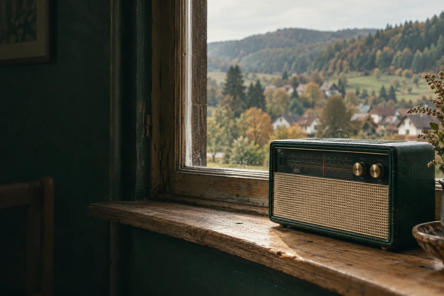 Grünes Radio auf einer Fensterbank, dahinter bewaldete Hügel
